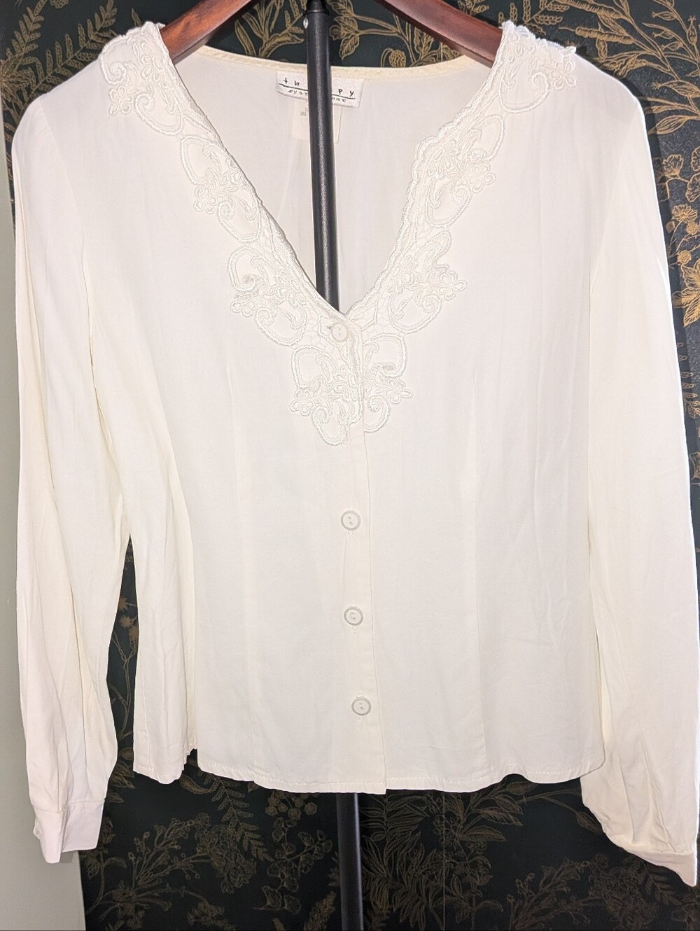 Therapy by Strasmore Embroidered V-Neck Blouse White Y2K Romantic Small